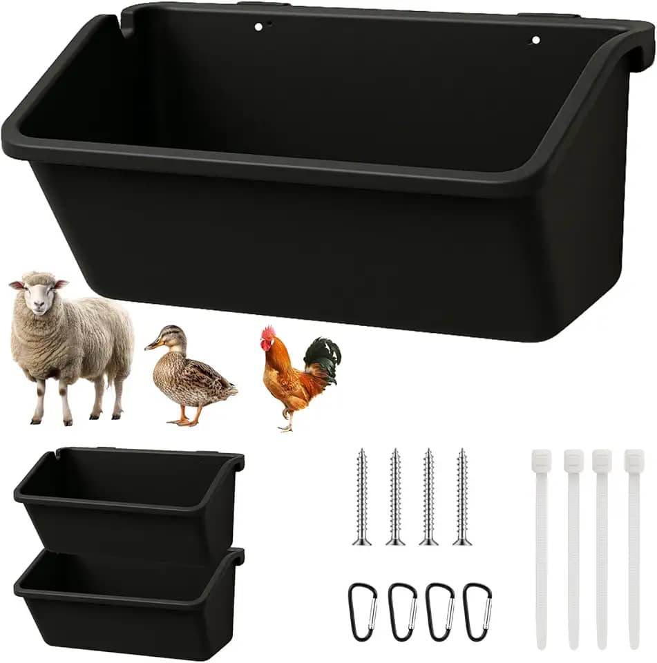 Comedouros de galinha pendurados (pacote com 2, 5 Qt) – Baldes de água e ração de aves de plástico preto durável com clipes D de metal, cabra multianimal, ovelha, pato, porco, cavalo, alimentador de