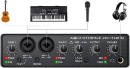 Q-24 Interface de audio,placa de som profissional de canal USB 2.0 DC 5V de alta velocidade, função de monitor para estúdio/gravação musical/jogos/Equipamentos para Gravação Musical