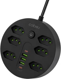 Extensão Tomada, Régua Tomada, Régua de Energia, 6 Tomadas, 3 Interfaces USB, 2 Porta USB Tipo-C, Cabo de Alimentação de 1,9 metros, Suporte a Tensão de 110-220V, Potência de 2500W, Preto