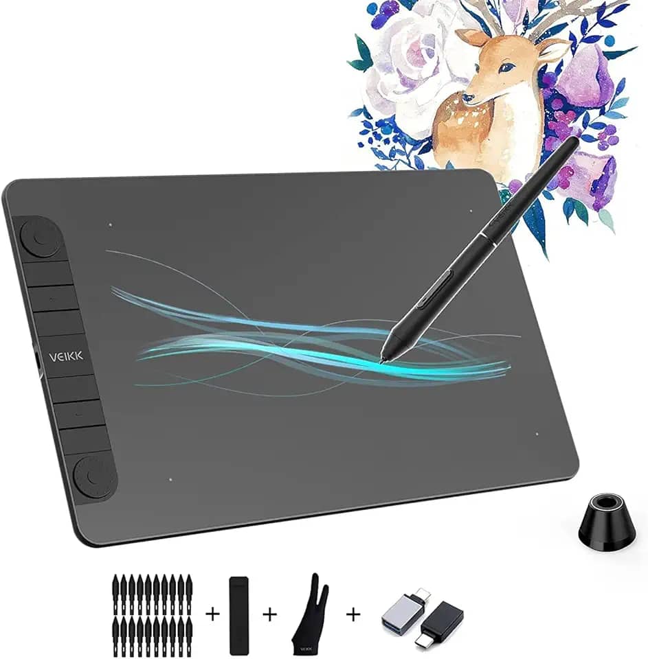 VEIKK Mesa Digitalizadora VK1060 Pro Tablets de design gráfico 10 x 6 polegadas tablet desenho com 2 rodas de rolagem e 6 teclas de acesso rápido, compatível com Android/Mac/Chrome/Windows/Linux