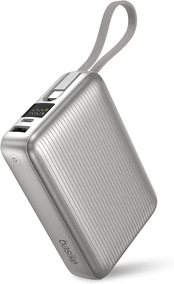 Basike Power Bank, Carregador Portátil 20000mAh 45W, 3-Saídas com Cabo USB-C Integrado, Bateria Externa de Carregamento Rápido PPS/PD/QC para iPhone Séries 16/15/14/13, Samsung S25/24/23/22/21 (Prata)