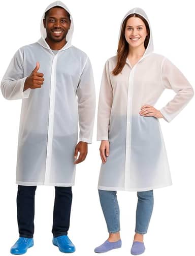 Capa de Chuva EVA Adulto Unisex c/Capuz Impermeável Resistente Feminina Masculina Poncho branco transparente reutilizável para viagem acampamento homens e mulheres forro com botão passeio festas shows