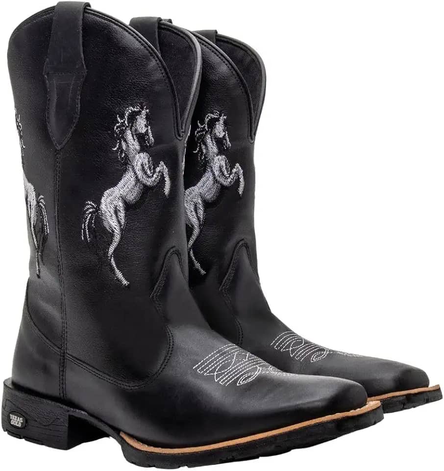 Bota Texana Masculina Couro Country Bico Quadrado Preta Horse