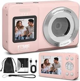 Câmera Digital, Câmera de Tela Dupla 4K 64MP, Zoom 18x, Aponte E Dispare 1 Baterias, Rosa, Camera Compacta, Time-Lapse, Temporizador, Vídeo HD（Cartão de Memória Não Incluído）