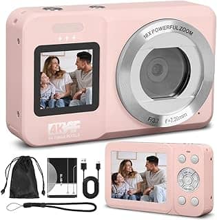 Câmera Digital, Câmera de Tela Dupla 4K 64MP, Zoom 18x, Aponte E Dispare 1 Baterias, Rosa, Camera Compacta, Time-Lapse, Temporizador, Vídeo HD（Cartão de Memória Não Incluído）