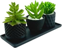 3 Vasinhos Decorativos com Mini suculenta Artificial + bandeja moderno (Preto)