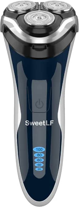 Barbeador elétrico para homens, barbeador elétrico SweetLF 100% impermeável, recarregável tipo C, barbeadores rotativos úmidos e secos para homens com aparador pop-up, com fio e sem fio, azul marinho