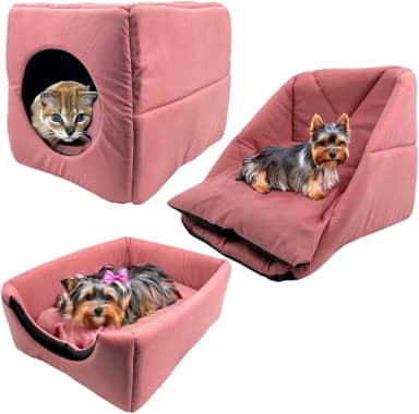 Cama Toca Iglu 3 em 1 Suede Cachorro Gato Frio Quente Pet P (Rosa)