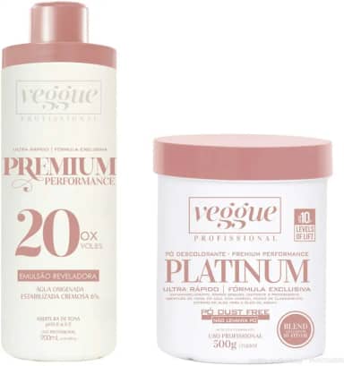 Kit Água Oxigenada 6% 20 Volumes 900ml e Pó Descolorante Platinum Ultra Rápido Veggue Profissional 500g