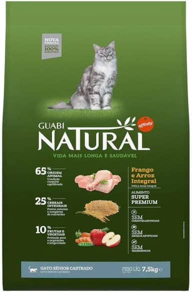 Ração Guabi Natural Gatos Sênior Castrados Frango e Arroz Integral 7,5 kg, Verde