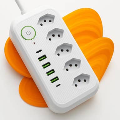 Filtro de Linha Extensão Elétrica 5 Tomadas + 4 USB + 2 USB-C 2500W – Cabo 1,9m Bivolt 110–220V com Proteção Contra Sobrecarga – Branco