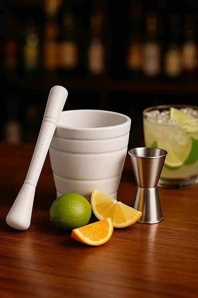 Kit Pilão Com Socador + Dosador Duplo de Bebidas Caipirinhas Drinks Premium