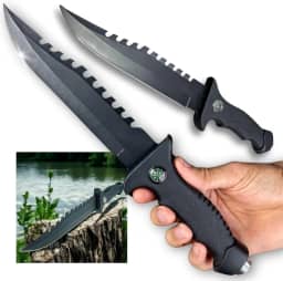 2 Facas Resistentes com Bússola – Perfeitas para Camping e Trilhas, Lâmina Afiada com Serra, Cabo Emborrachado, Quebra-Vidro, Kit Tático Ideal para Sobrevivência, Aventura e Pesca.