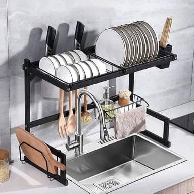 Escorredor de Louça Suspenso 2 Andares Inox Preto 65cm com Porta Talheres e Suporte para Pratos, Copos e Utensílios – Organizador de Pia Ajustável e Resistente