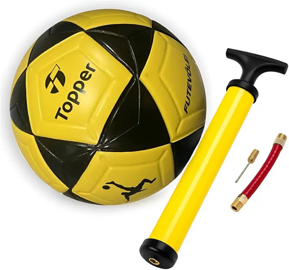 Bola De Futevolei Topper Profissional R1 Amarelo e Preto– Tamanho Oficial | Ideal para Jogos, Treinos e Lazer + Bomba De Ar.