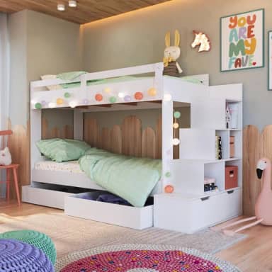Cama Beliche Infantil Escada e Nichos com 2 Gavetões Branco