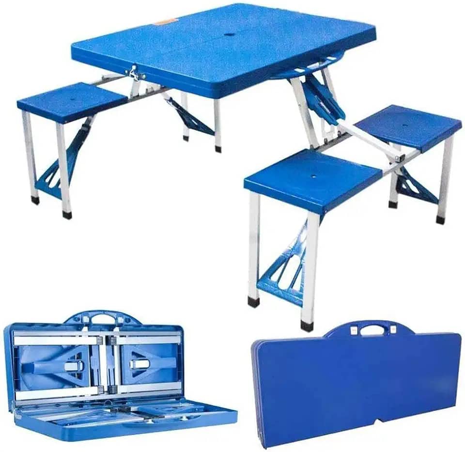 Mesa de Camping Dobrável com 4 Banquetas, Portátil Tipo Maleta, 85x65cm, Azul, para Piquenique, Praia e Pesca