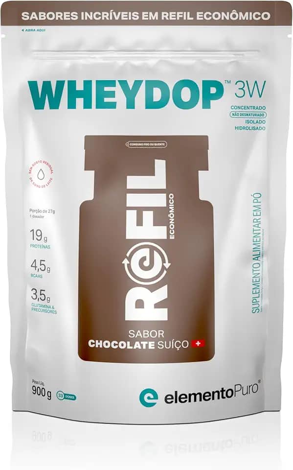 Refil Whey Protein Wheydop 3W Chocolate Suiço 900g Proteina Concentrada nao desnaturada, isolada e Hidrolisada