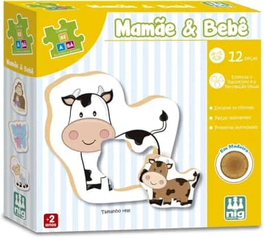 Nig Brinquedos Jogo Educativo Madeira Be a Bá Mamãe e Bebê 12 Peças