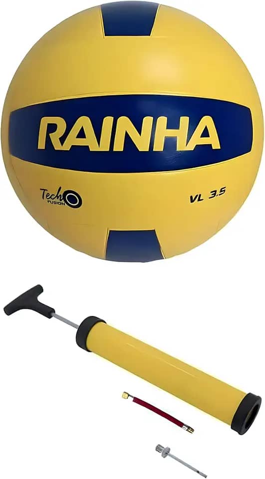 Bola de Vôlei Profissional Rainha 3.5 Amarela e Azul Com Bomba De Encher– Superfície Lisa, Oficial, Leve e Resistente para Jogos, Treinos, Quadra, Praia e Lazer.