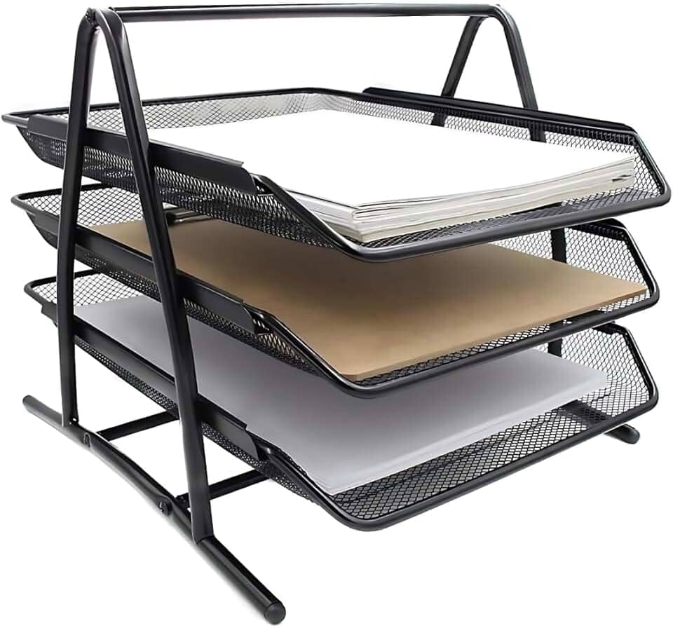 Organizador De Mesa Para Papel Documento Revista com 3 Bandejas Suporte para Documentos A4 Caixa de Correspondência Rack Aço Inox para Escritório Com Bandejas Deslizantes Preto