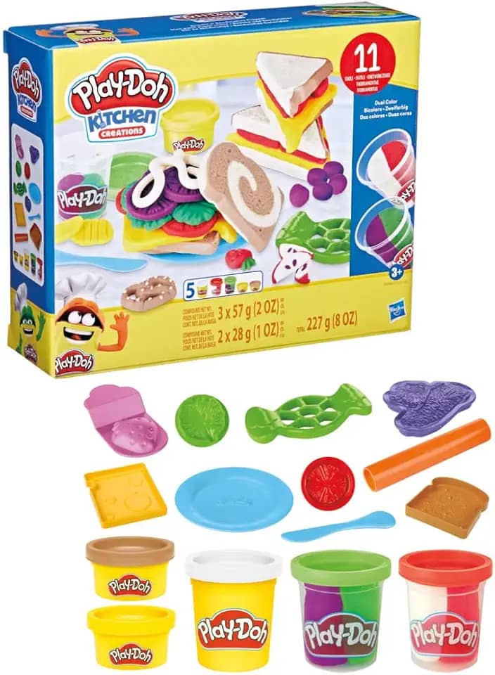 Play-Doh Kitchen Creations Conjunto de massinha Sanduíches Coloridos kit de massinha com acessórios e 5 cores de massa Play-Doh, presente de Natal criativo para meninos e meninas acima de 3 anos