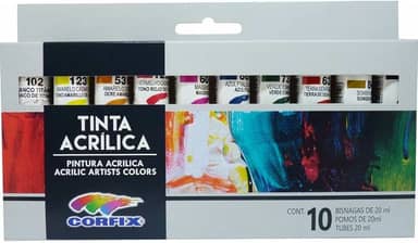 Tinta Acrílica, Corfix, 10 Cores, Bisnaga, 20 ml