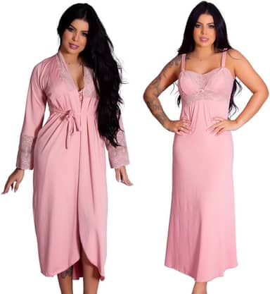 Kit Gestante Maternidade, Roupão e Camisola Longos com Recorte Lateral para Amamentação, Ideal para Enxoval