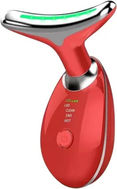 Massageador Facial LED 7 Cores - Modos, Aparelho Anti-Rugas para Rosto e Pescoço, Tratamento Estético Vibratório com Luz LED Para Elevação da Pele Lifting Bivolt Recarregável (Vermelho)