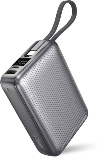 Basike Power Bank, Carregador Portátil 20000mAh 45W, 3-Saídas com Cabo USB-C Integrado, Bateria Externa de Carregamento Rápido PPS/PD/QC para iPhone Séries 16/15/14/13, Samsung S25/24/23/22/21 (Cinza)