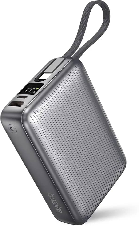 Basike Power Bank, Carregador Portátil 20000mAh 45W, 3-Saídas com Cabo USB-C Integrado, Bateria Externa de Carregamento Rápido PPS/PD/QC para iPhone Séries 16/15/14/13, Samsung S25/24/23/22/21 (Cinza)