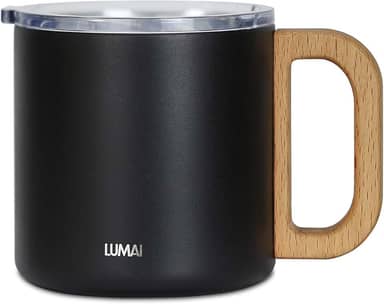 LUMAI Caneca Térmica Vietnã 350ml Aço Inoxidável, Parede Dupla Isolada a Vácuo, Mantém Bebidas Quentes ou Frias por Horas, Tampa Vedada Antivazamento, Alça de Madeira – Preto