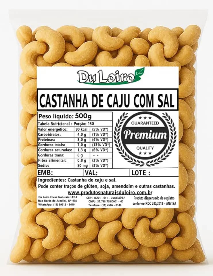 Castanha de Caju Torrada Inteira Com Sal – W1 Premium (500g)