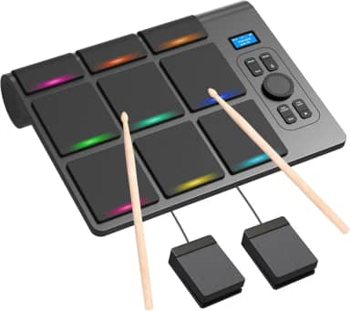 VEDO Bateria eletrônica de mesa com 9 pads, bateria eletrônica portátil com sensor de velocidade, iluminação LED nos pads, compatibilidade com MIDI para Mac e PC, presente