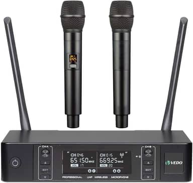 VEDO Sistema de microfone sem fio, microfones sem fio duplos com 2 microfones de mão, busca automática de frequências, 2x100 frequências UHF, alcance de 60 m, microfone dinâmico para canto