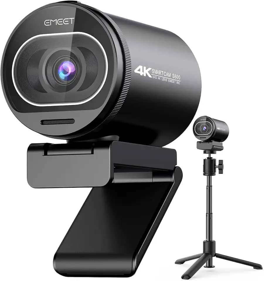 EMEET Webcam 4K, webcam S600 com tripé, 2 microfones de redução de ruído, FOV ajustável de 40° a 73°, foco automático PDAF, capa de privacidade integrada, câmera de streaming para jogos, chamadas de