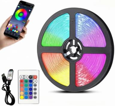Fita LED Inteligente 【Bluetooth】 Aplicativo e Controle Remoto RGB 5050 USB 5 Metros
