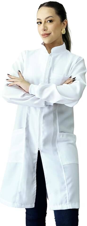 Jaleco Feminino Oxford Ziper Gola Padre, Com Punho, Acinturado, Manga Longa, Branco