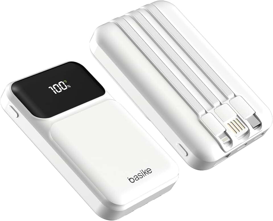 Basike Power Bank, Carregador Portátil Universal 10000mAh, USB-A(até 22.5W)+USB-C(até 20W) com 3 Cabos Integrados (USB-C, USB, Lightning) Carregamento Rápido, Led Indicador de Bateria (Branco)