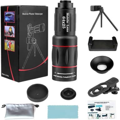 Lente teleobjetiva 64x para celular, telescópio monocular HD com suporte de tripé ajustável e braçadeira, lente zoom FMC para fotografia de longa distância, vlogging, observação de pássaros
