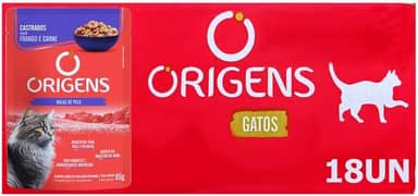 Ração Úmida Origens Sachê Gatos Castrados Frango e Carne 85g 18 Unidades