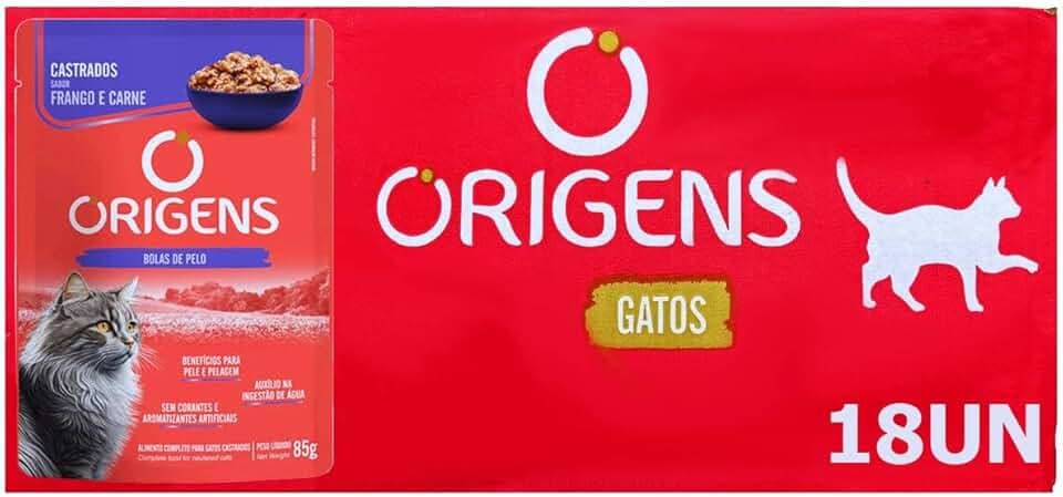 Ração Úmida Origens Sachê Gatos Castrados Frango e Carne 85g 18 Unidades