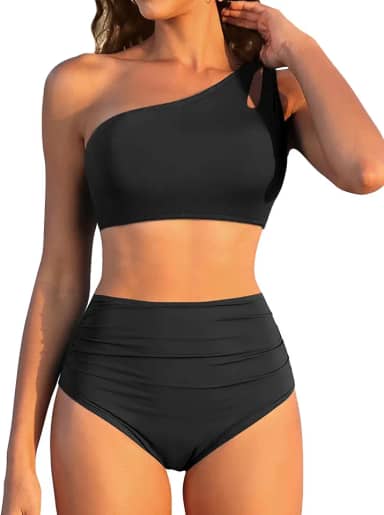 Biquíni feminino de cintura alta - maiô de um ombro só, controle de barriga, maiô de duas peças 2025