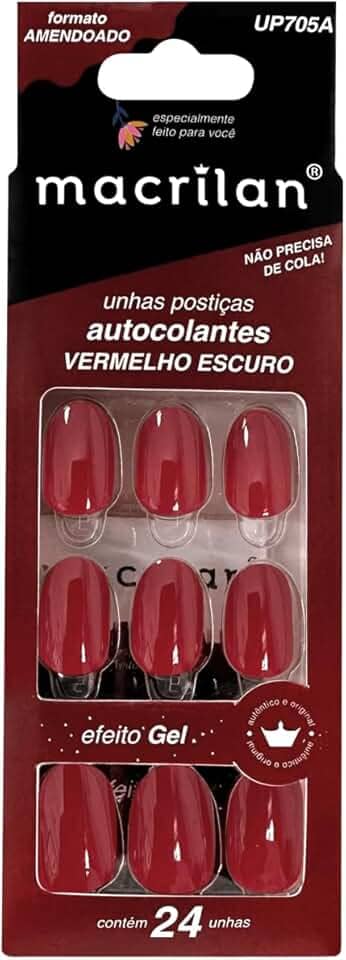 Macrilan Unhas Postiças Formato Amendoado Com Adesivo - Vermelho Escuro - Plástico Abs Up705A -
