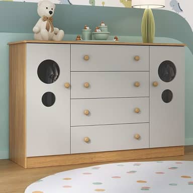 Cômoda Infantil 125cm 2 Portas com Vidro e 4 Gavetas Pirulito Multimóveis Mp4470 Madeirado/off White