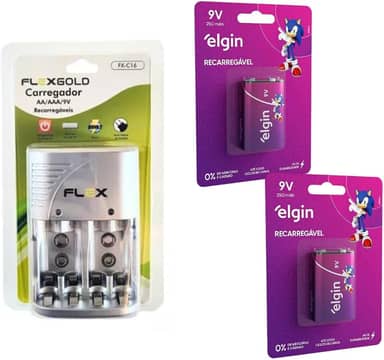 Kit 2 Bateria Recarregável 9v Elgin + Carregador Bateria Pilha Aa/aaa/9v