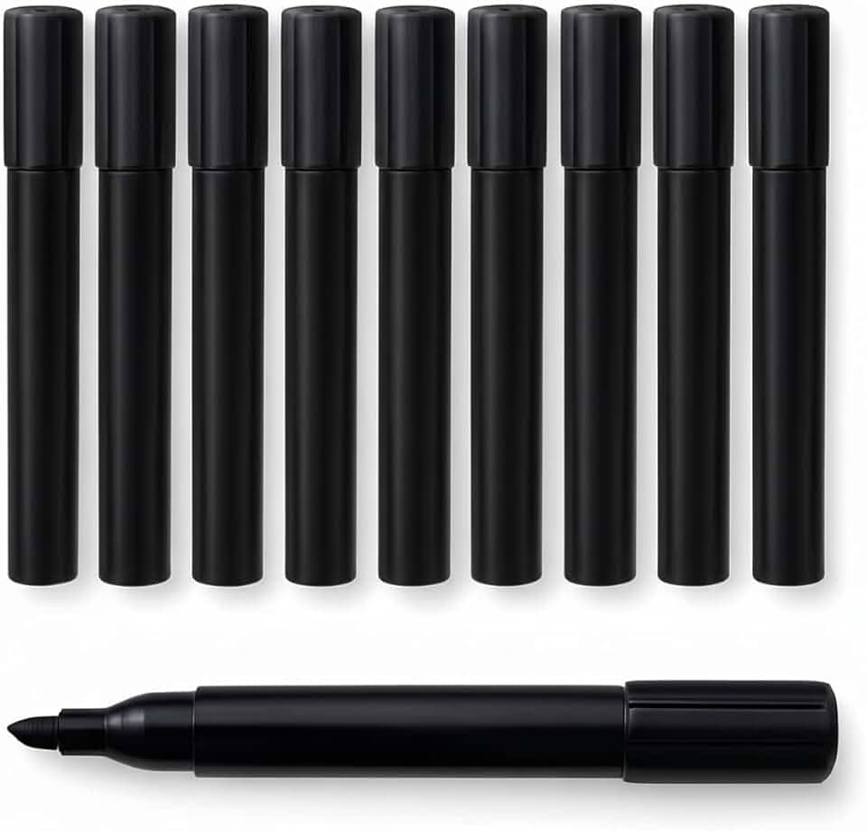 Kit 10 Marcadores Permanentes Pretos | Tinta Forte de Alta Fixação | Secagem Rápida | Ponta Resistente | Escreve em Papel, Plástico, Metal, Vidro e Madeira | Uso Escolar e Escritório