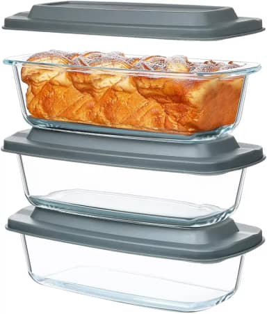 Conjunto 3 Formas para Pão de Vidro Life com Tampas herméticas – Capacidade 1.8 Litros Cada – Assadeiras Refratárias para Forno, Armazenamento e Refeições, Ideal para Pães, Bolos e Receitas Caseiras