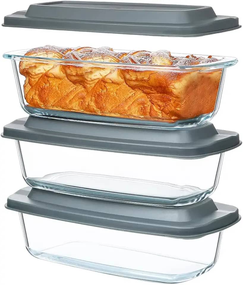 Conjunto 3 Formas para Pão de Vidro Life com Tampas herméticas – Capacidade 1.8 Litros Cada – Assadeiras Refratárias para Forno, Armazenamento e Refeições, Ideal para Pães, Bolos e Receitas Caseiras