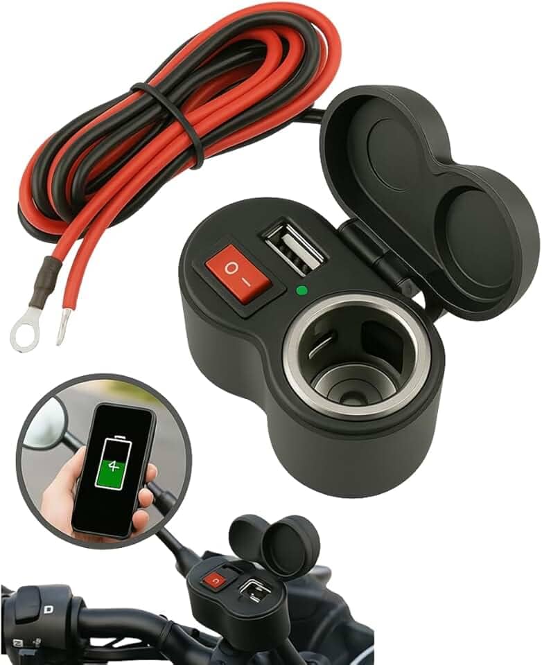 Carregador USB Moto 12V À Prova D'Água Entrada Isqueiro Tomada Adaptador Led Suporte Interruptor Instalação Rápida Cabo 1,20m Guidão Carrega Celular GPS Acessórios 10A Universal Resistente